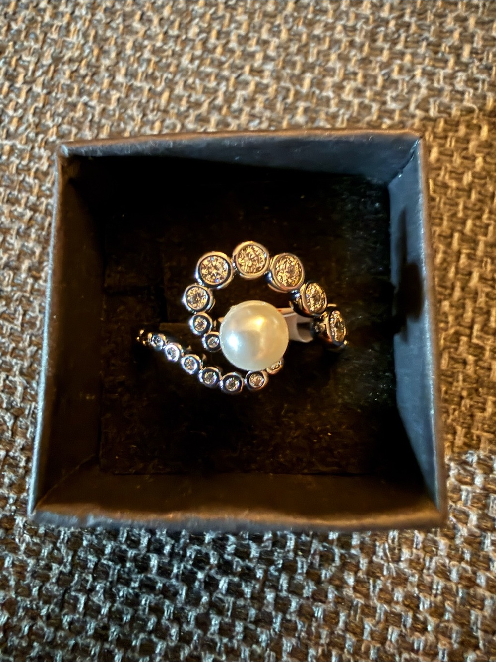 Pearl and Crystal Spiral Statement Ring - hematite